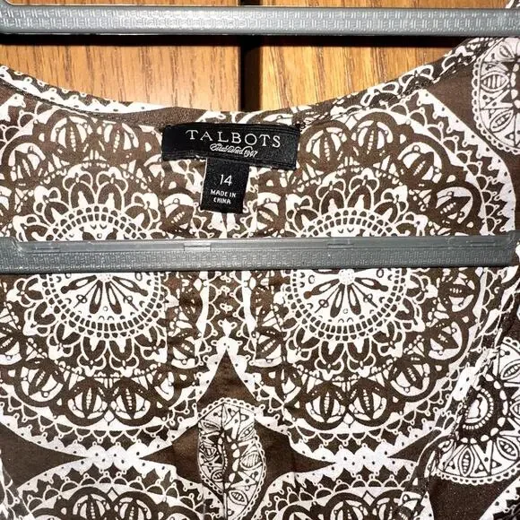 Talbots Womens Sz 14 Brown Mandala Patterned Pleated Silk Blend Sleeveless Shirt - Picture 3 of 7